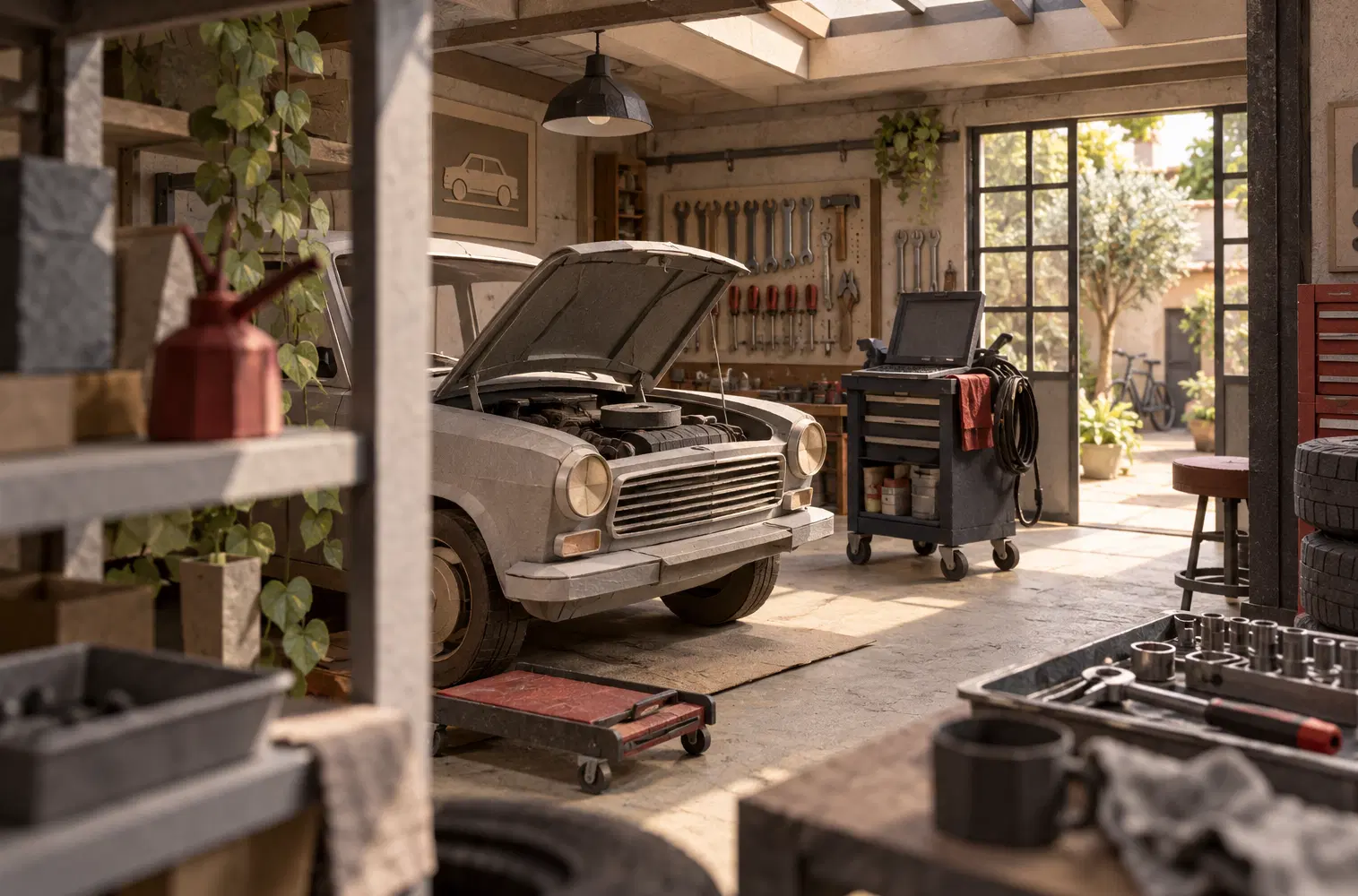 Illustration of auto repair shops and their working space